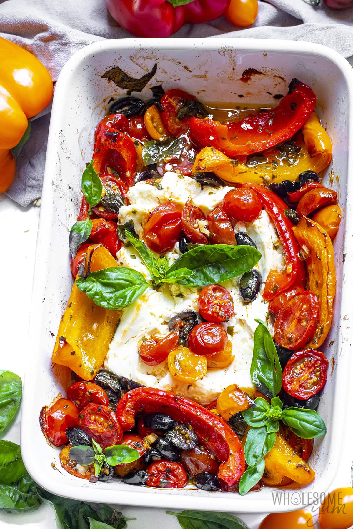 Grilled feta with tomatoes, olives and fresh basil.
