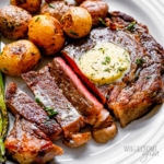 Cast iron rib eye recipe with compound butter.