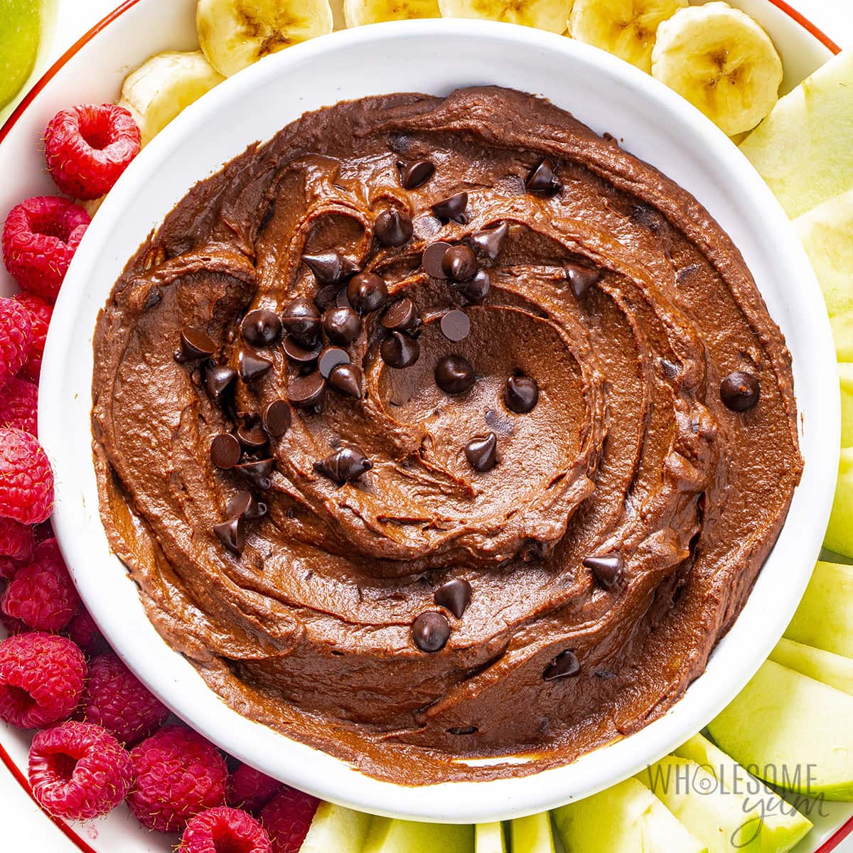 Chocolate hummus in a bowl on a platter.