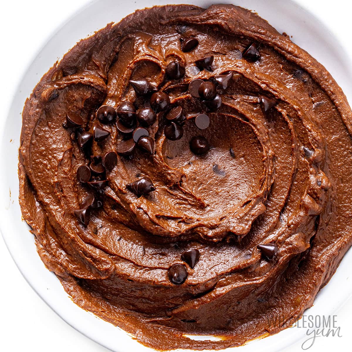 Finished chocolate hummus dip in a bowl.