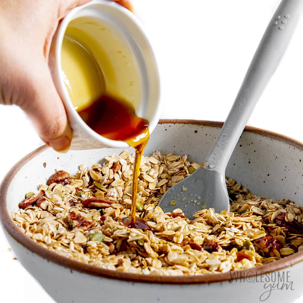 Maple syrup added to oats and other ingredients.