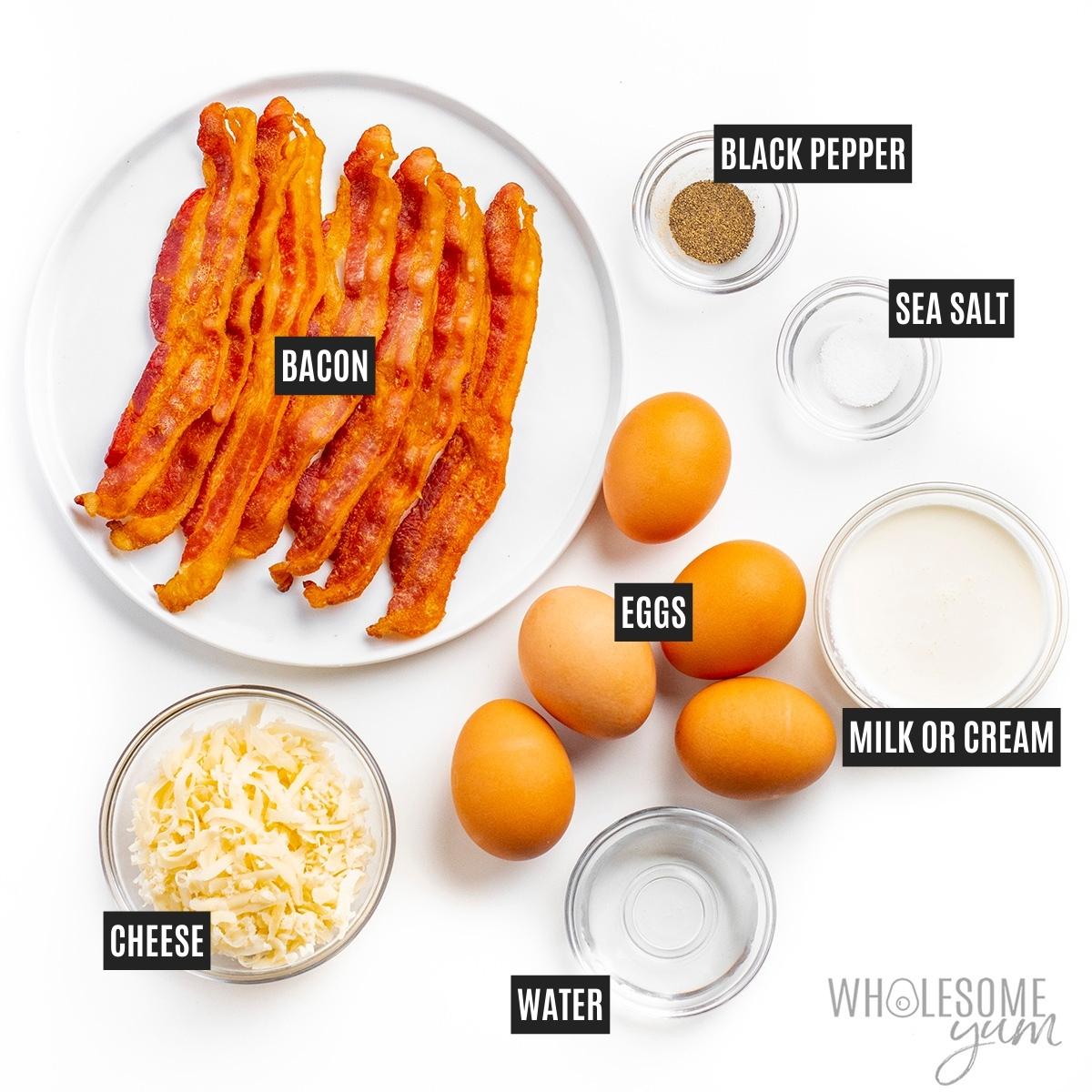 Egg bite ingredients including eggs, cheese, and bacon. 