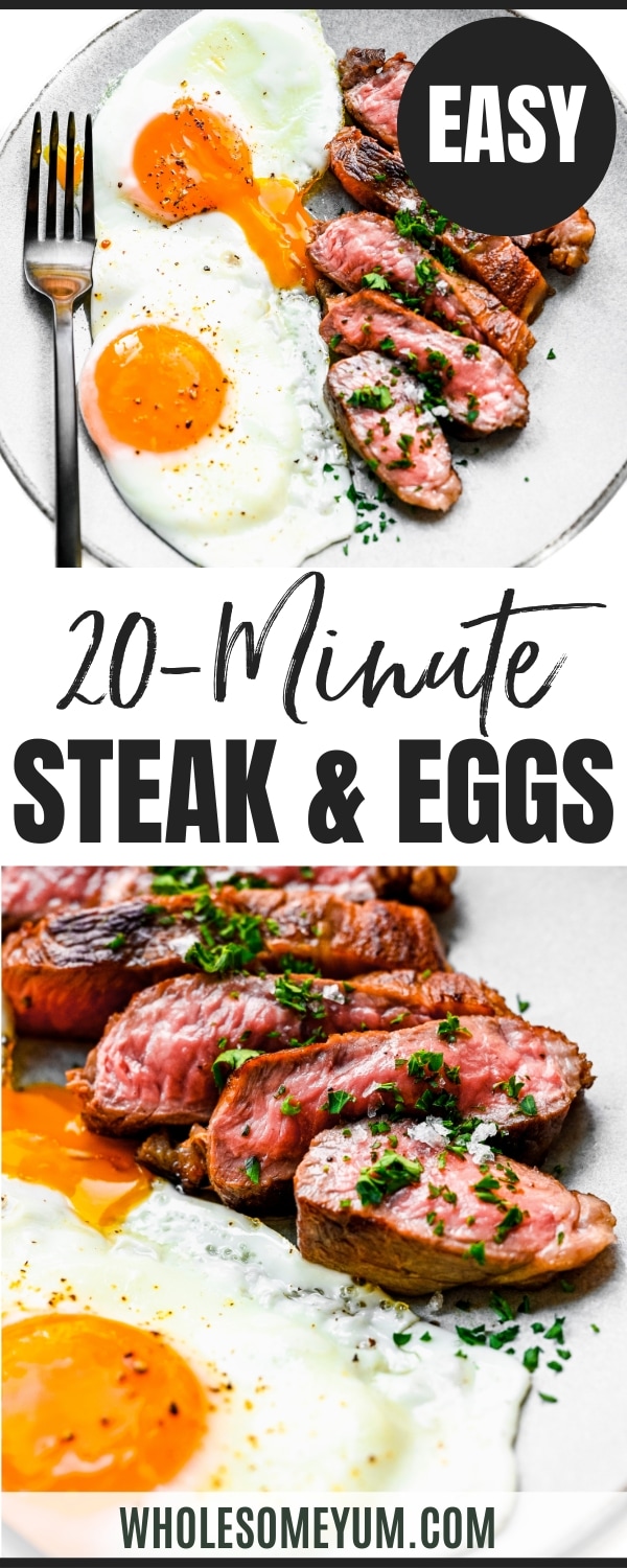 Steak and eggs recipe pin.