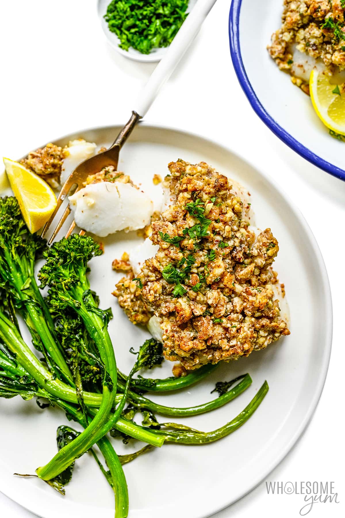 Broccolini on a plate with fish.