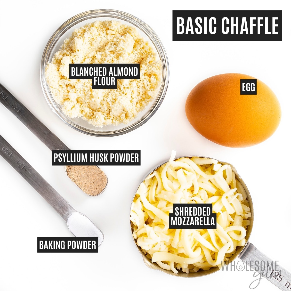 Basic chaffle recipe ingredients in bowls.