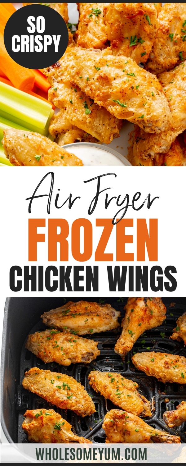 Air fryer frozen chicken wings recipe pin.