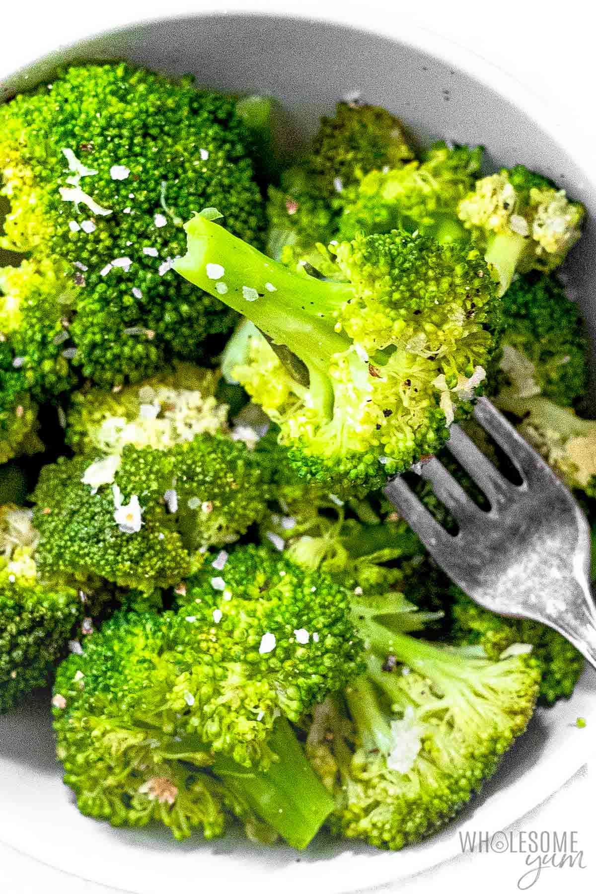 Broccoli in a bowl with a fork.