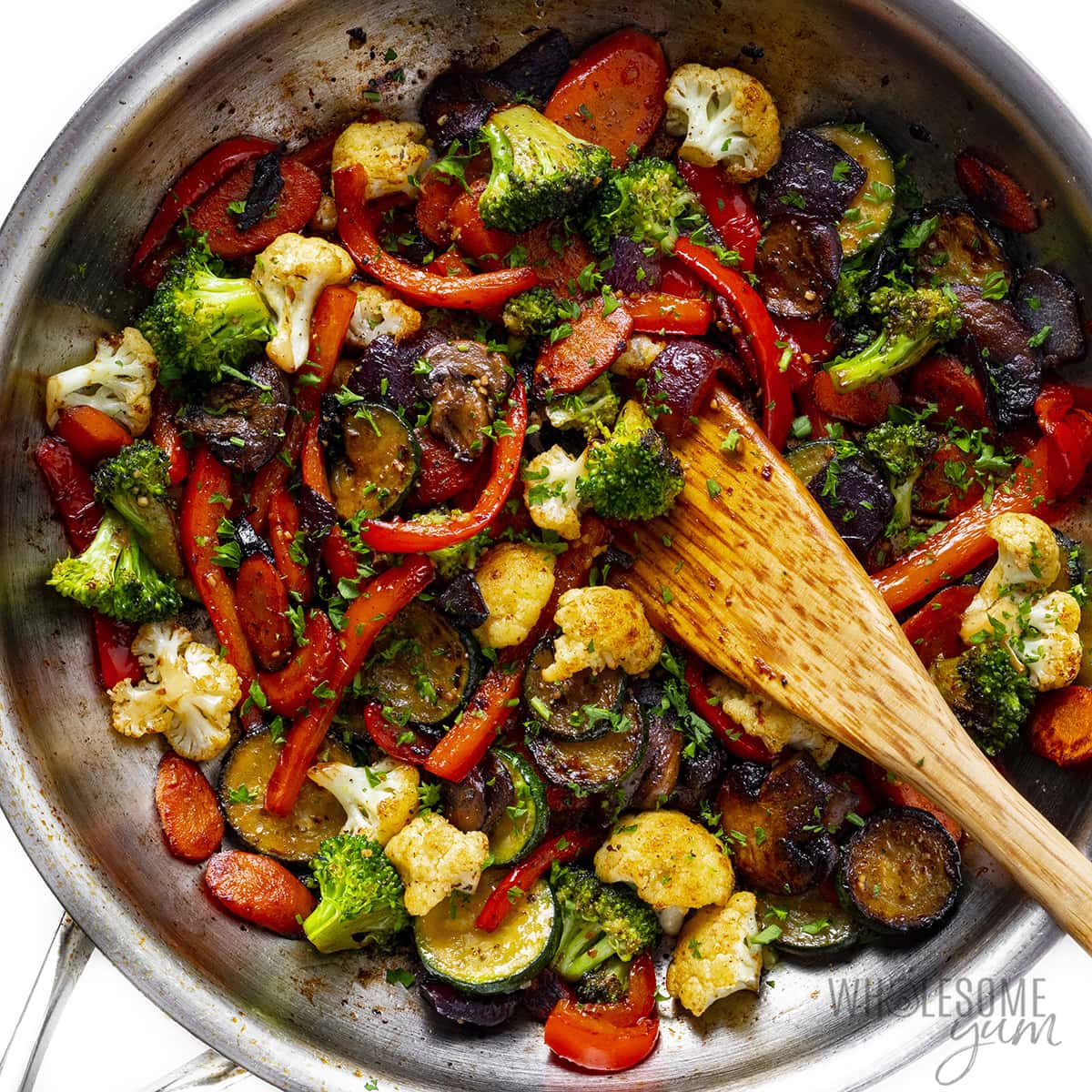 Finished sauteed vegetables in pan. 