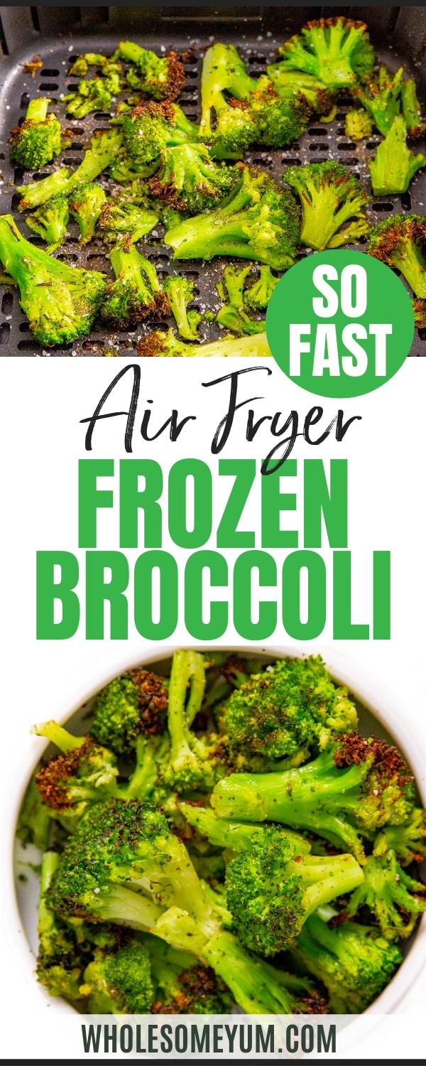 Air fryer frozen broccoli recipe pin.