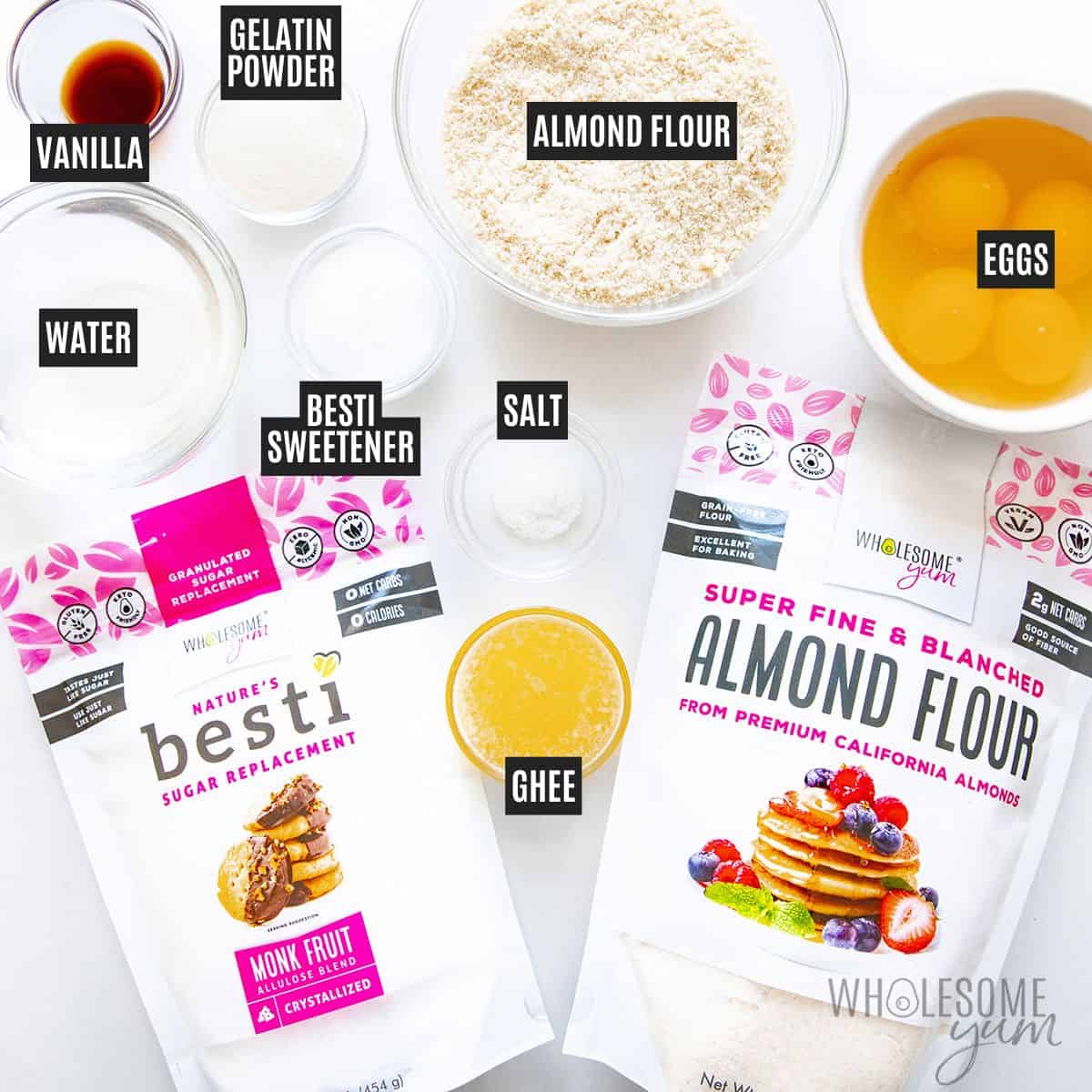 Labeled recipe ingredients: Gelatin powder, water, Wholesome Yum blanched almond flour, sea salt, eggs, ghee, Besti Monk Fruit Allulose Blend, vanilla extract.