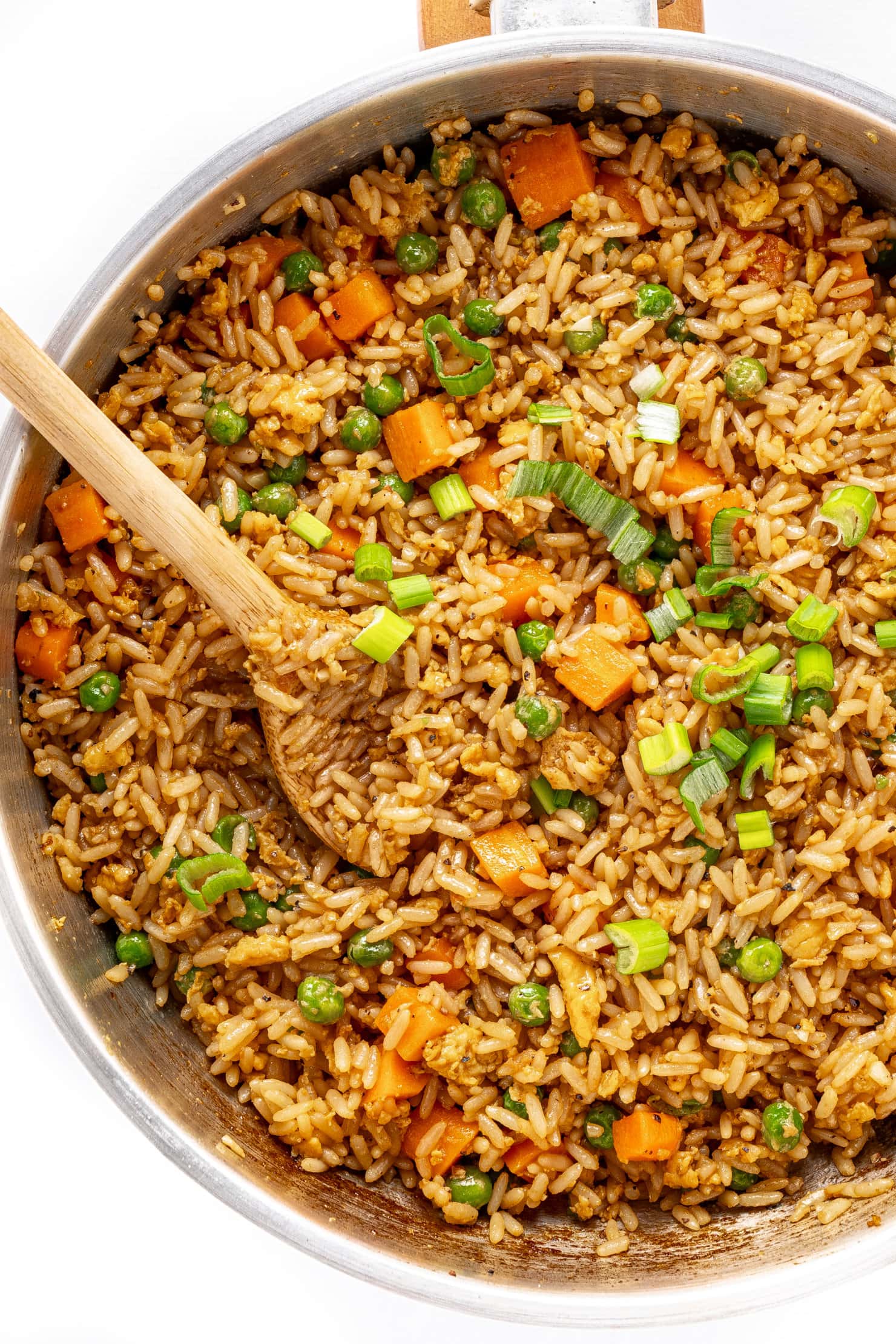 Easy fried rice recipe in a skillet.