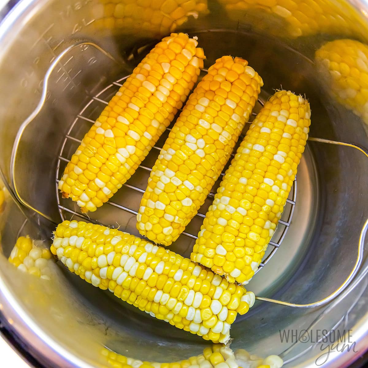 Corn on a trivet in the Instant Pot.