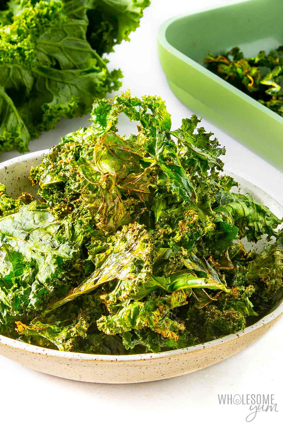 Baked kale chips in a bowl.
