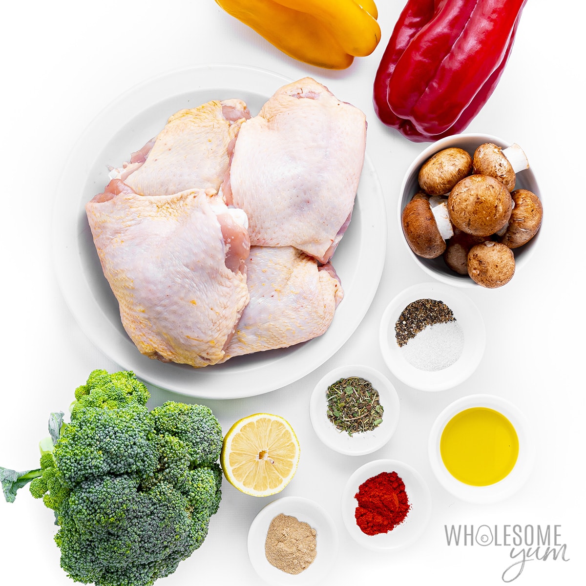Sheet pan chicken thigh and veggies ingredients.