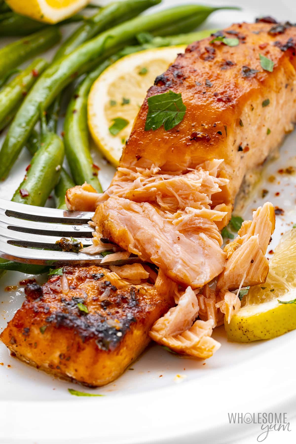 Broiled salmon flaked with a fork.