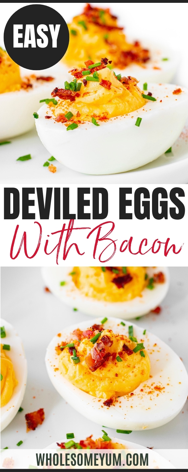 Deviled eggs with bacon recipe pin.