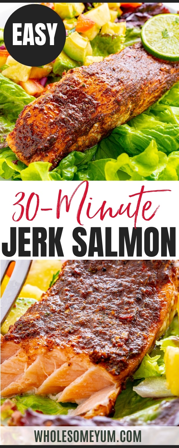 Jerk salmon recipe pin.