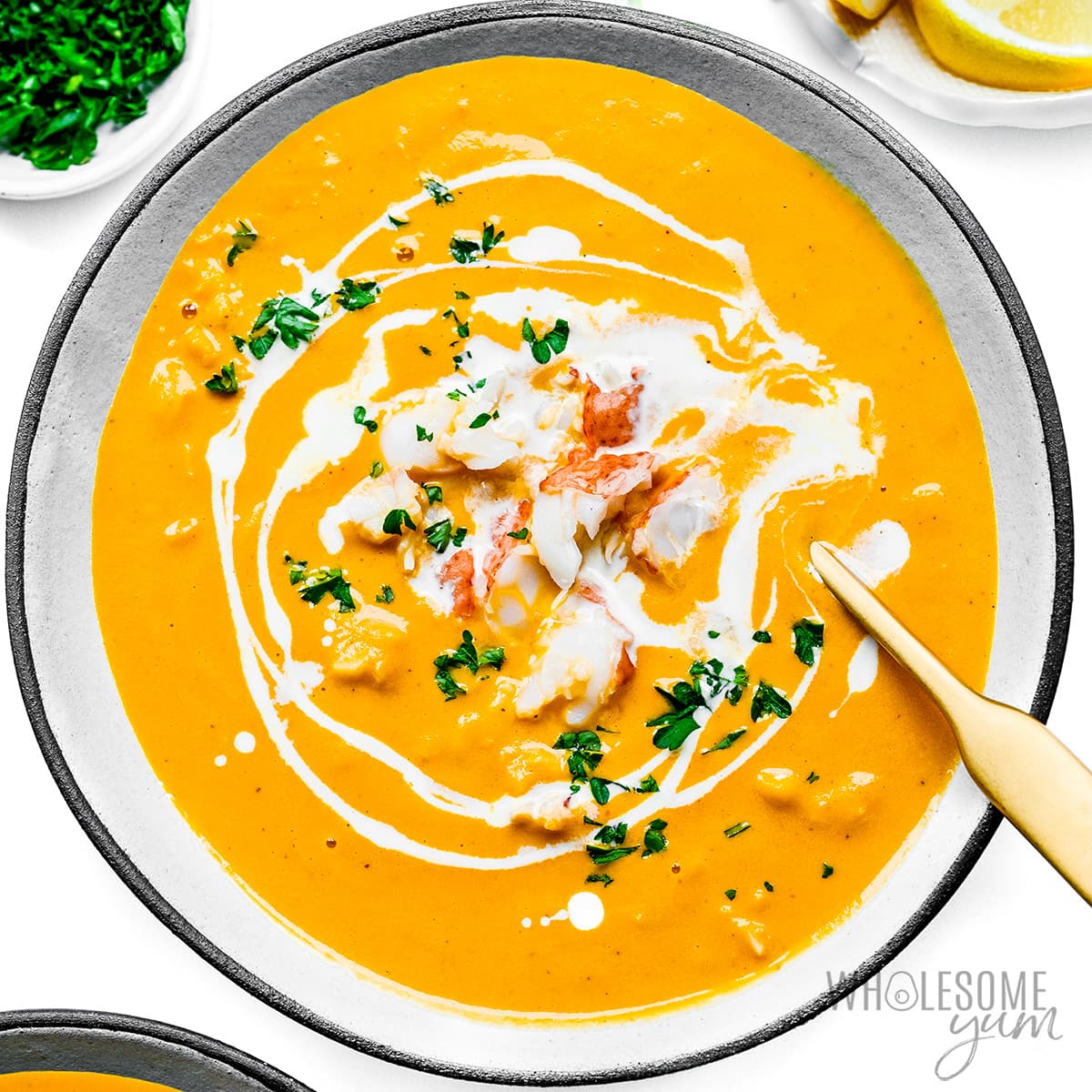 Lobster bisque recipe in a bowl.