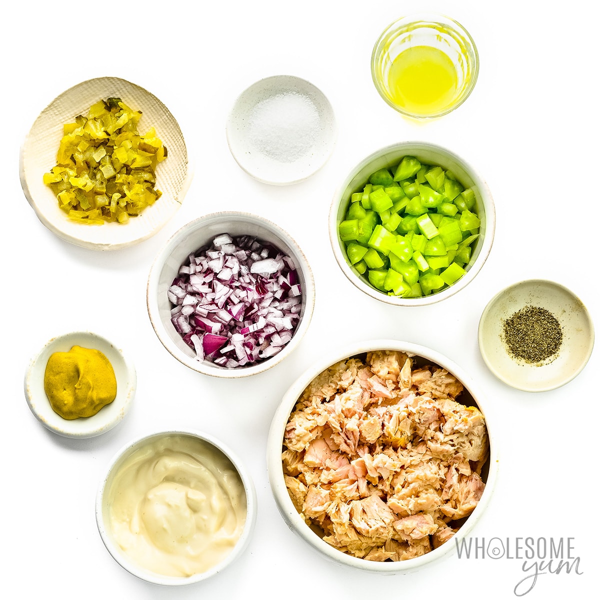 Recipe ingredients measured in bowls. 