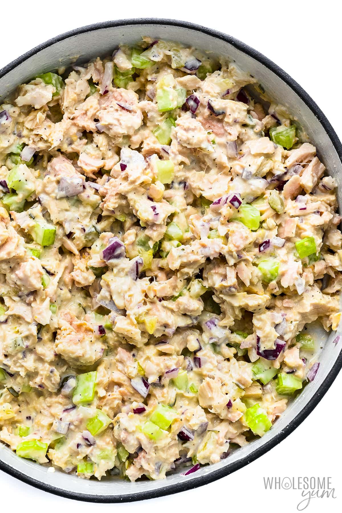 Tuna salad recipe in large bowl.
