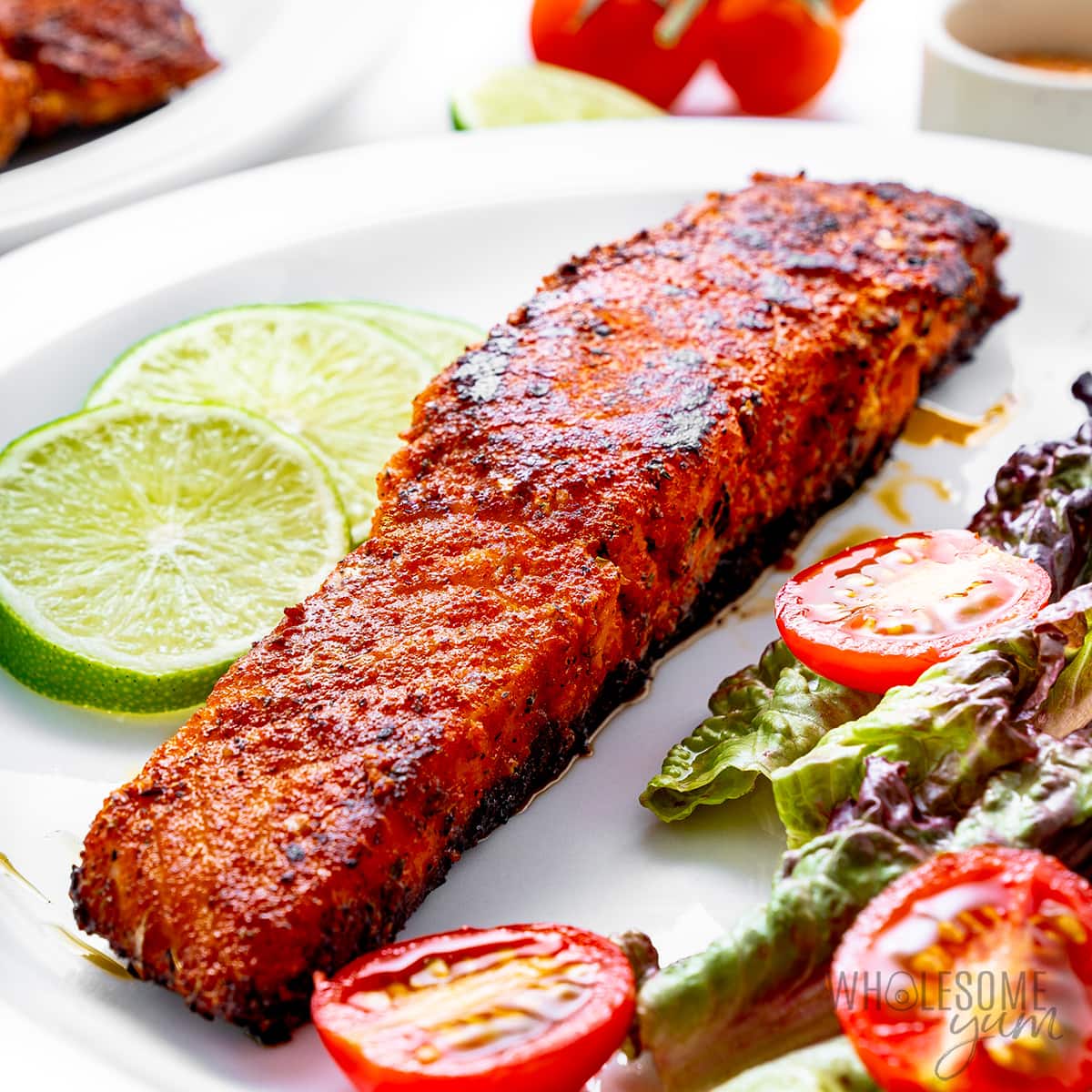Blackened salmon on a plate.