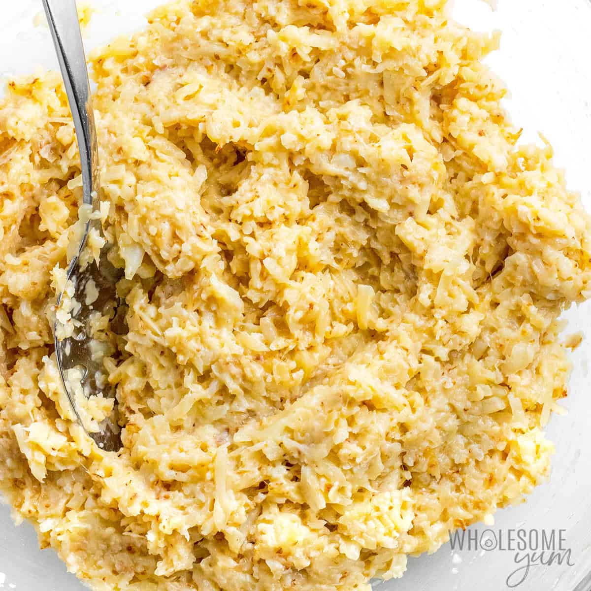 Cauliflower tots mixture in a bowl.