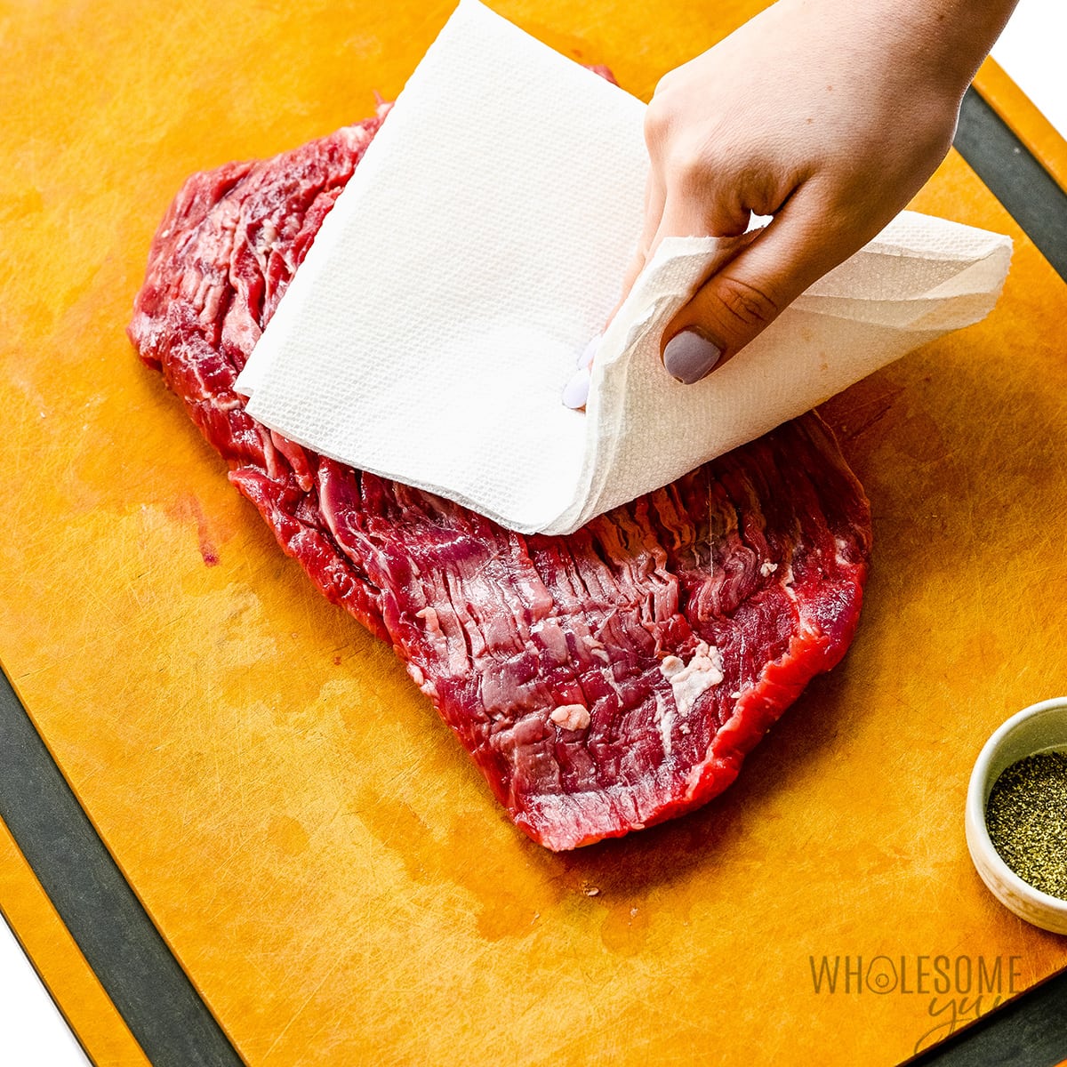 Steak patted dry with paper towels. 