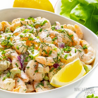 Shrimp salad recipe next to other ingredients.