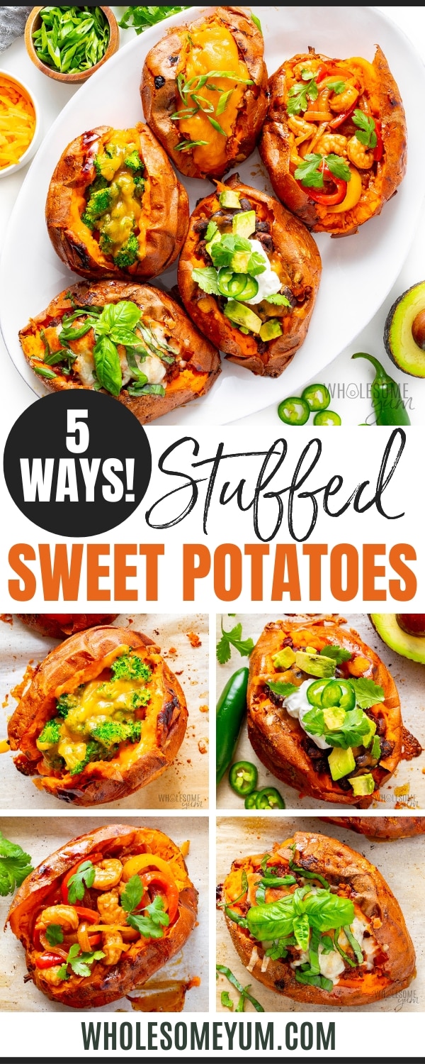 Stuffed sweet potato recipe pin - 5 ways.