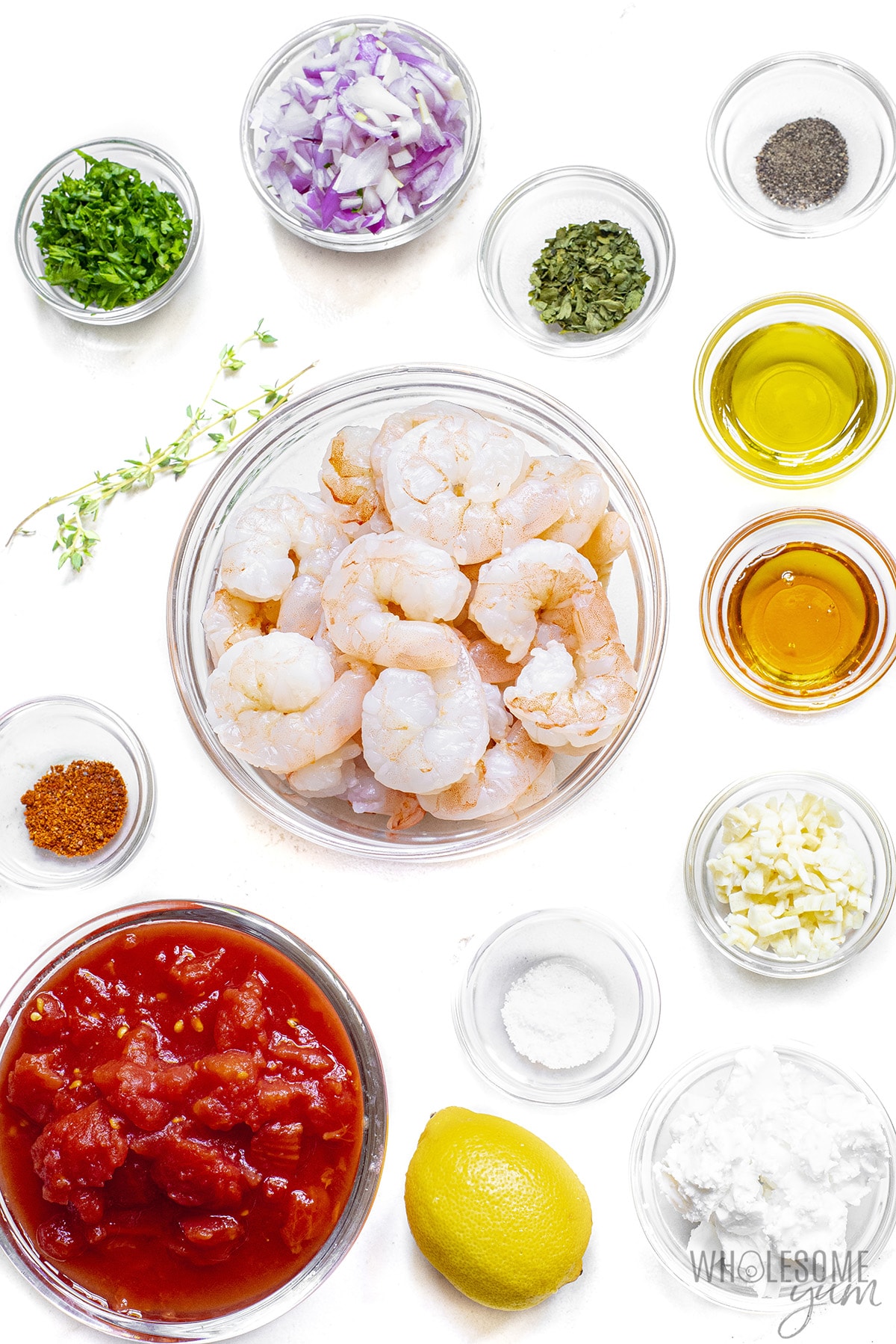 Greek shrimp ingredients are weighed.