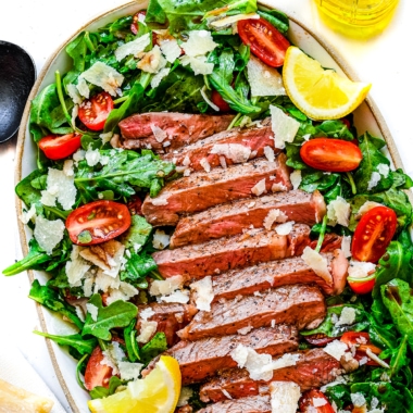 Steak salad on a platter.