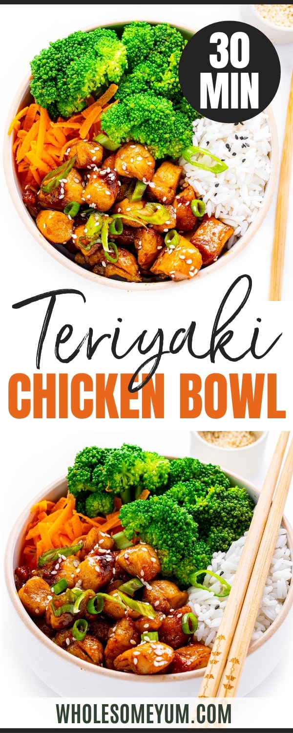 Teriyaki chicken bowl next to chopsticks and sesame seeds.
