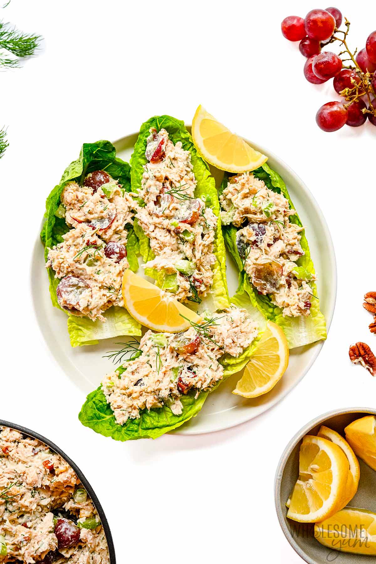 Chicken salad on lettuce leaves on a plate.
