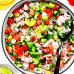 Ceviche recipe in a bowl with a spoon.