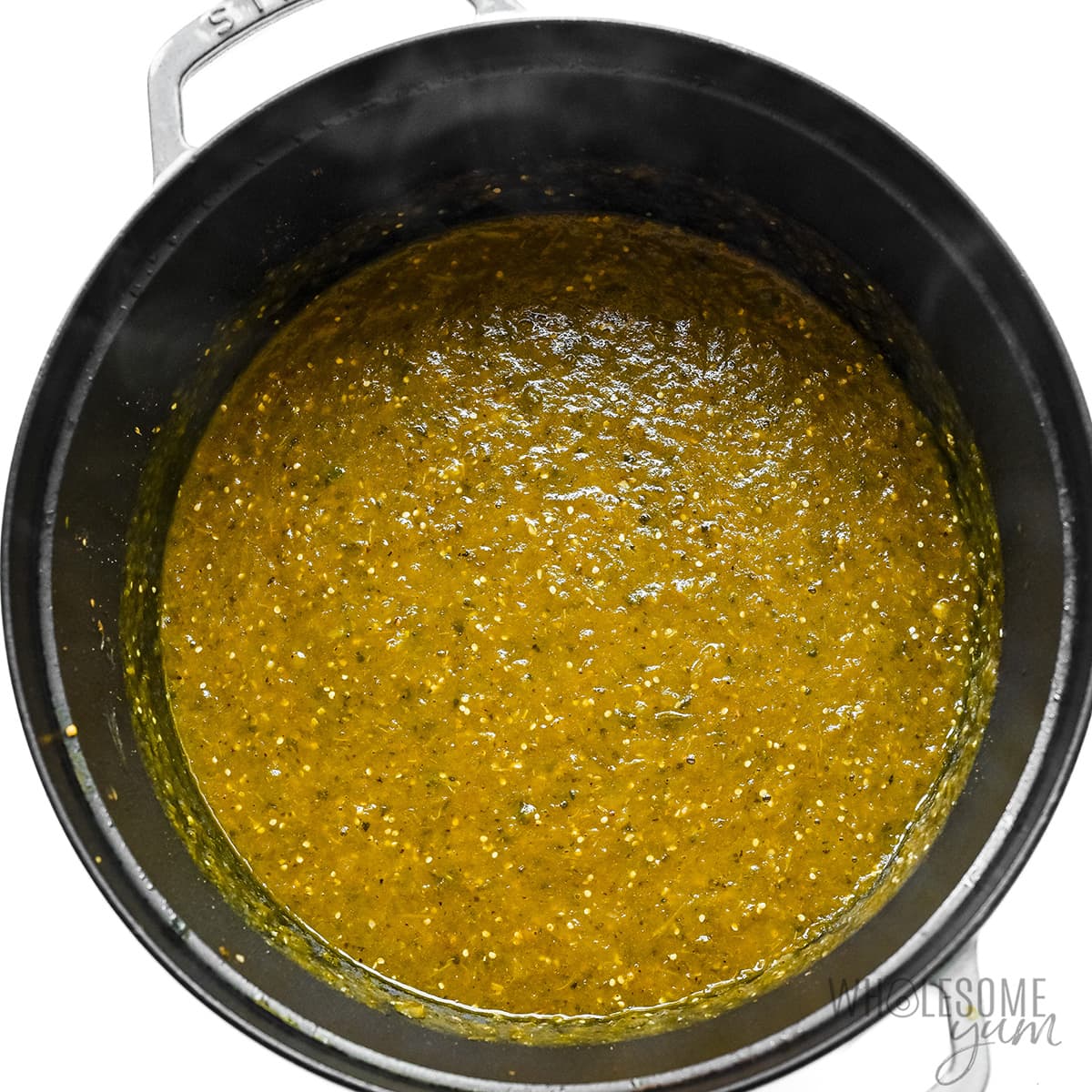 Chile verde sauce in Dutch oven.