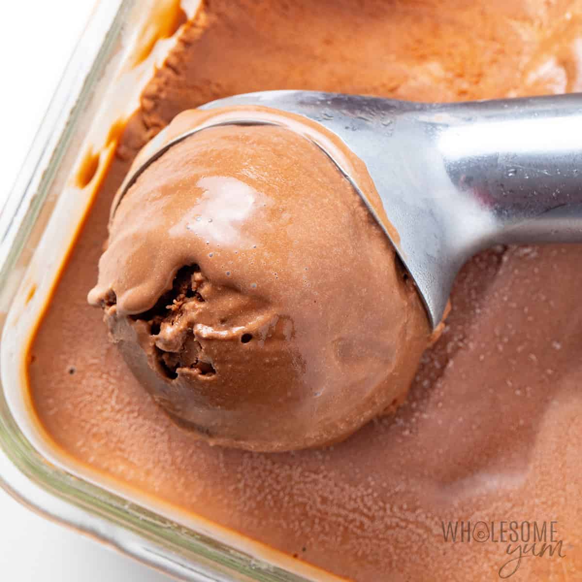 Protein ice cream scooped out of a container.