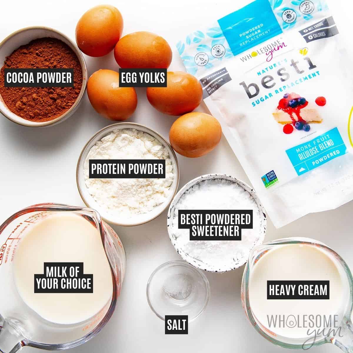 Protein ice cream ingredients: Egg yolks, cream, milk, powdered Besti, cocoa powder, and protein powder.