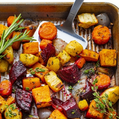 Roasted root vegetables close up.