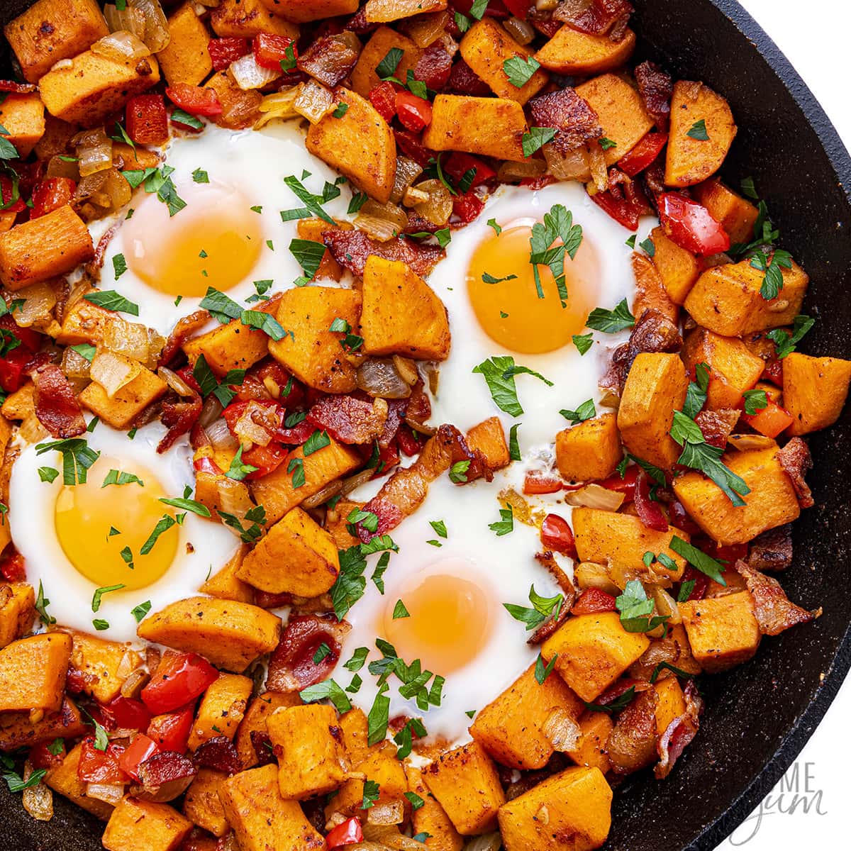 Finished sweet potato breakfast hash with eggs.