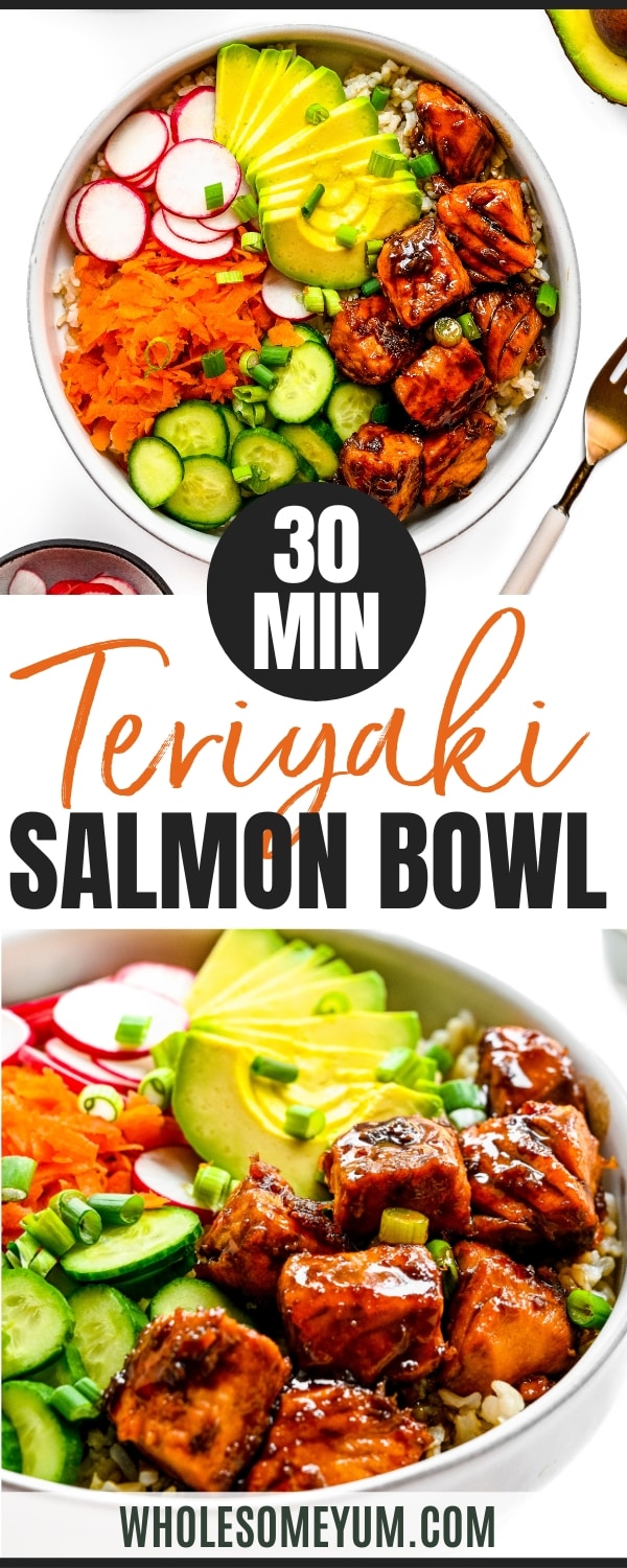 Teriyaki salmon bowl recipe pin.