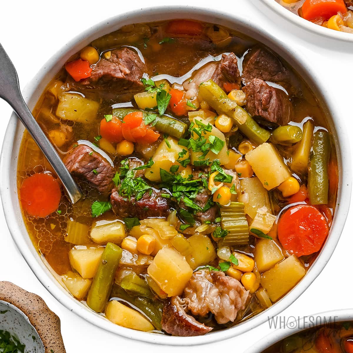 Vegetable beef soup in a bowl.