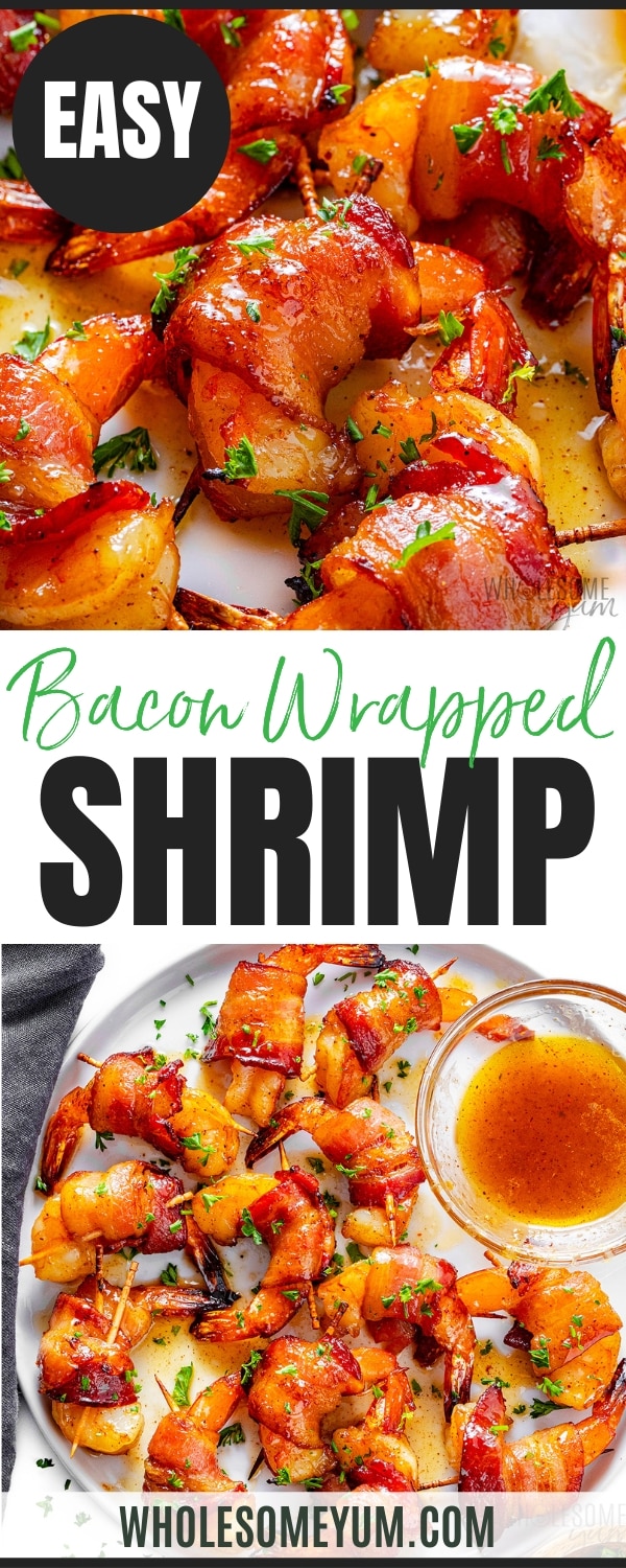 Bacon wrapped shrimp recipe pin.