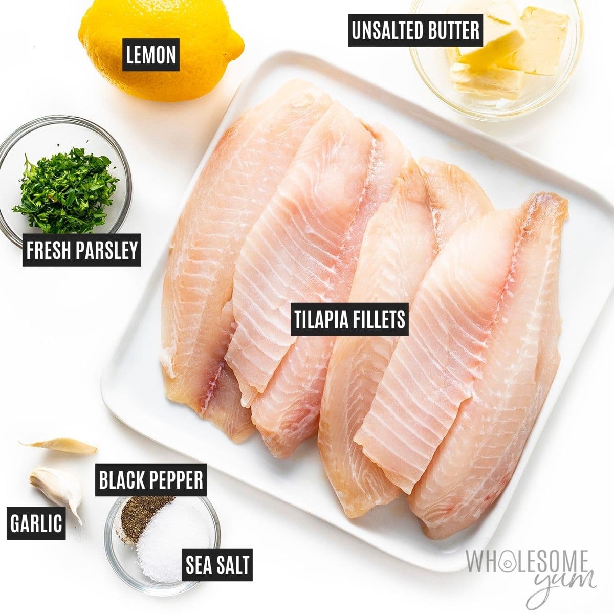 Fish and other ingredients in bowls.
