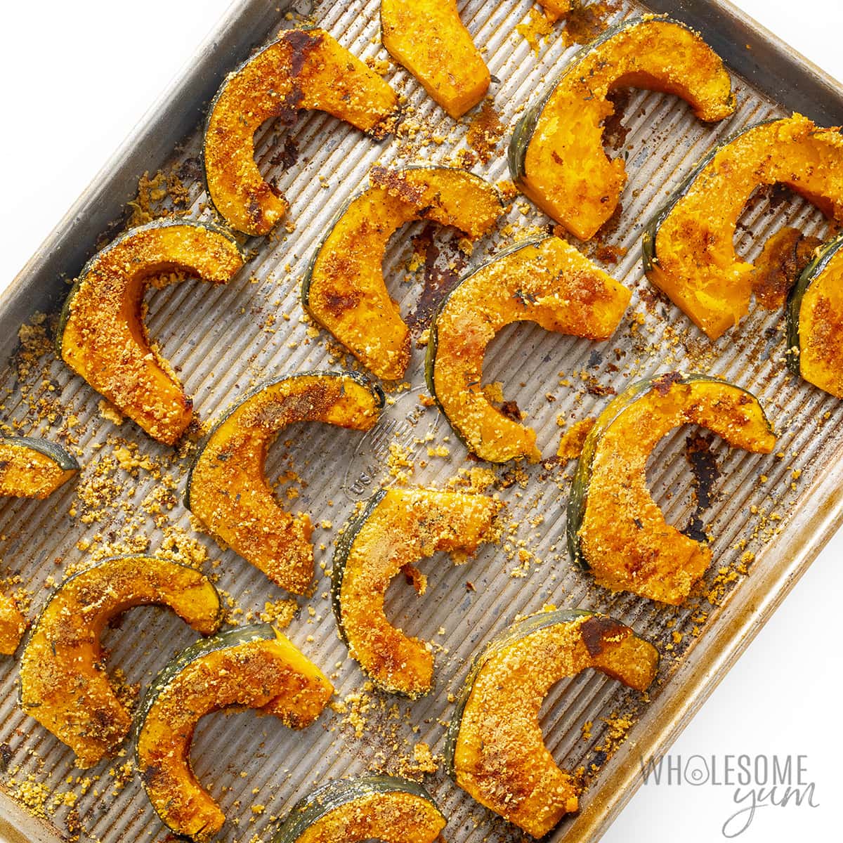 Roasted buttercup squash on a baking sheet.