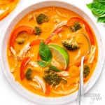 Coconut curry soup in bowl.