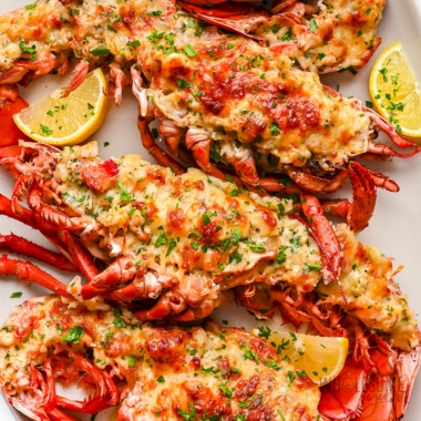 Lobster Thermidor up close on a plate.