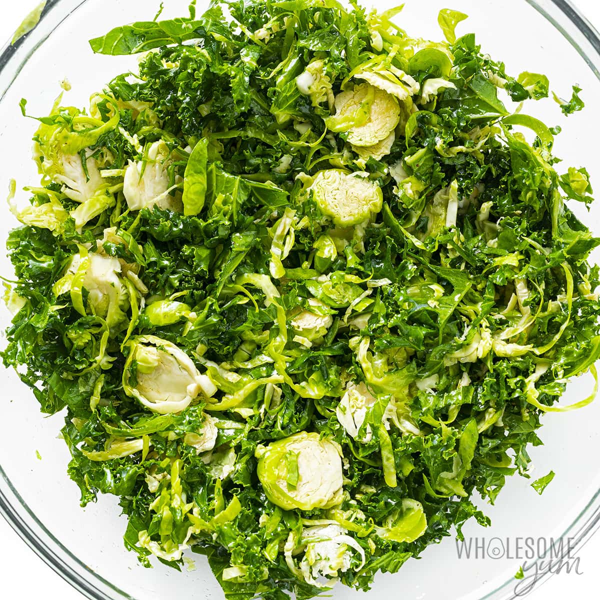 Shredded brussels sprouts and kale massaged with dressing.