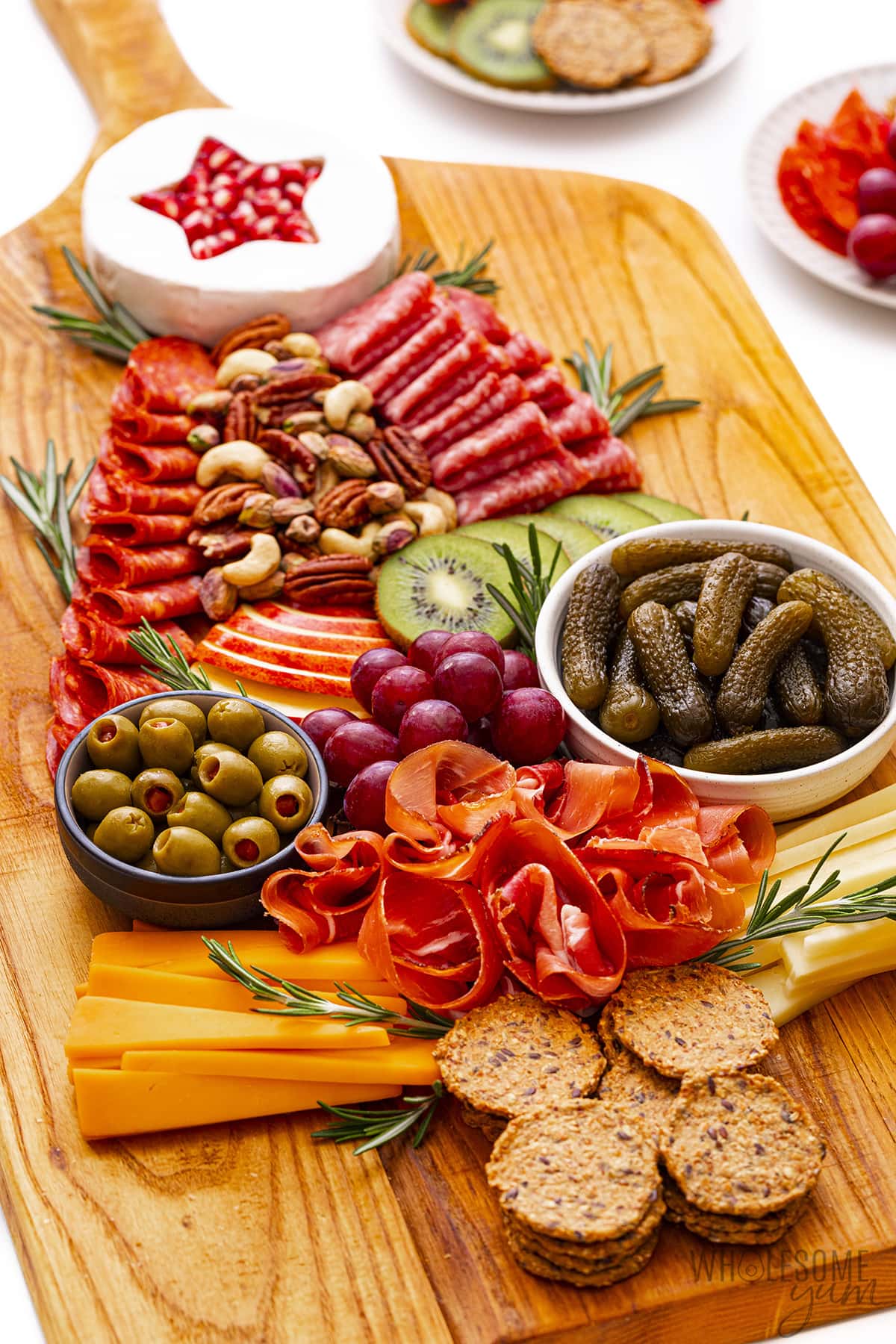 Christmas charcuterie board from a side view.