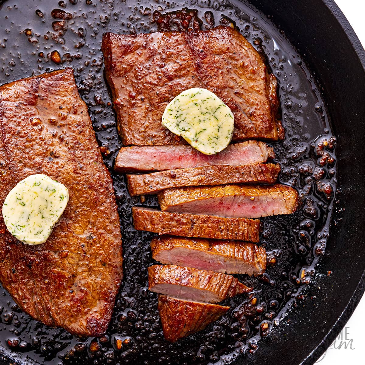 Cooked sirloin tip steak in a skillet.