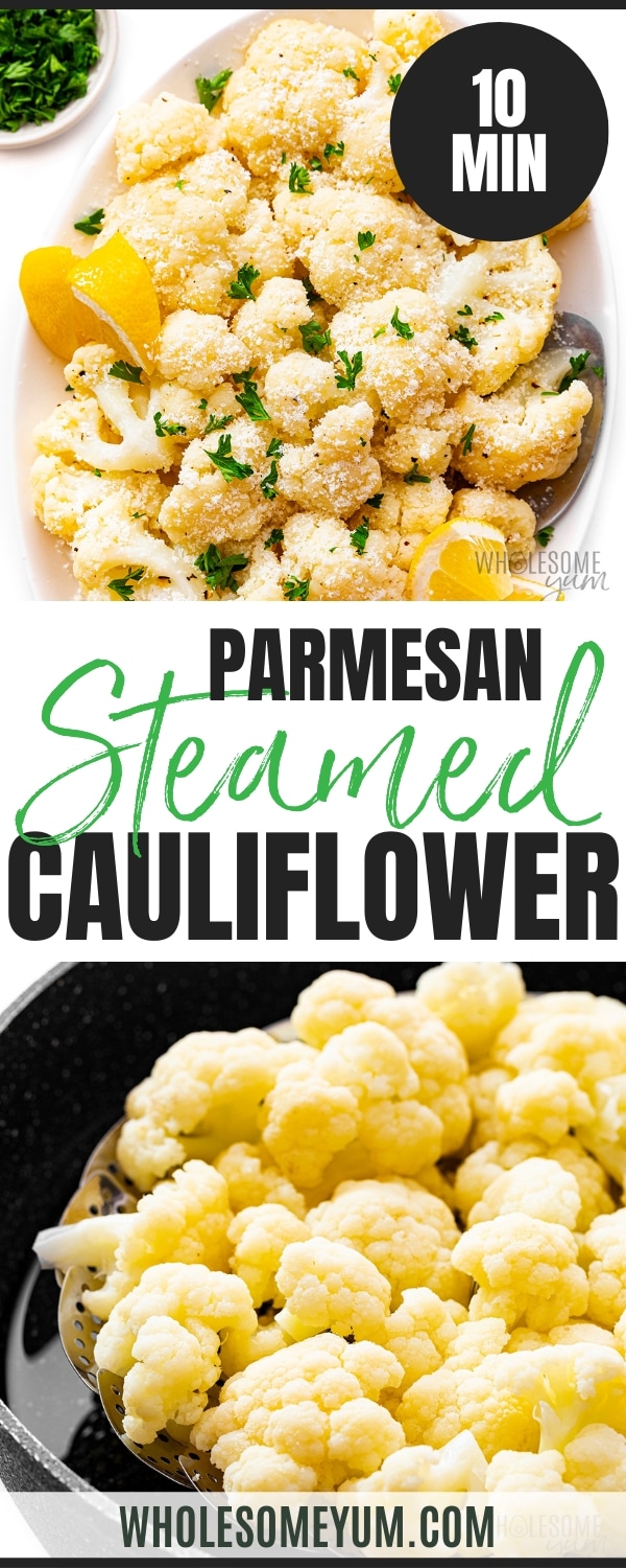 Steamed cauliflower recipe pin.